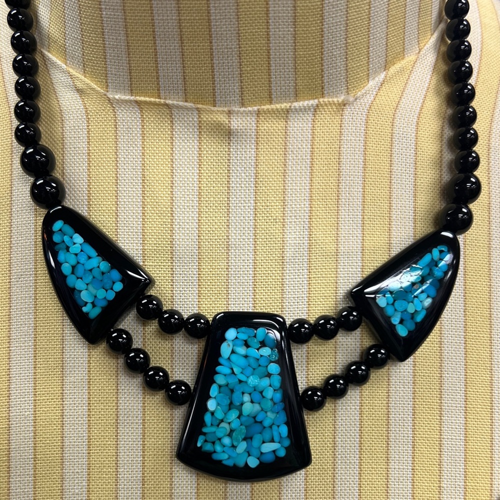 Jay King Sleeping Beauty Inlaid Turquoise Black Chalcedony Necklace Earring Set